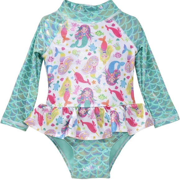 Flap Happy Girls' UPF 50+ Alissa Infant Ruffle Rash Guard Swimsuit Mermaid Bliss - Picture 1 of 8